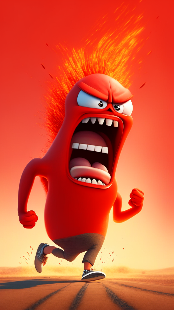 Anger the red character of Inside Out  breathing fire, running on the field Pixar style, detailed