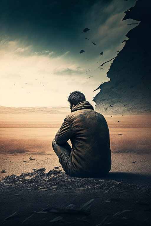 A man is alone with dangerous background thinks about life 