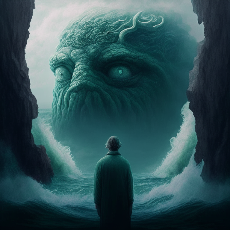 Stoic Philosopher staring into an empty abyss filled with powerful sea monsters