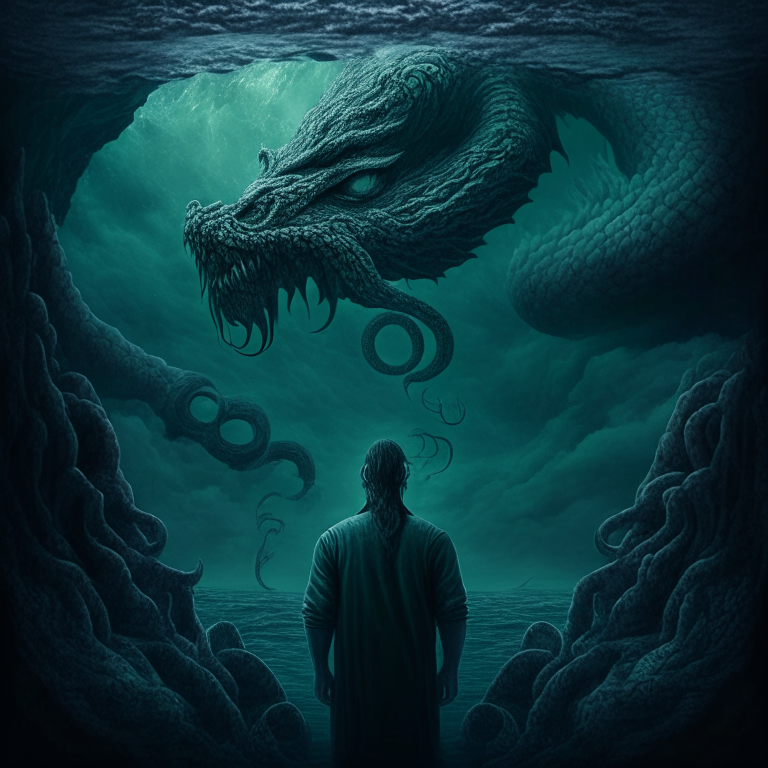 Stoic Philosopher staring into an empty deep ocean abyss filled with multiple powerful sea monsters and serpents