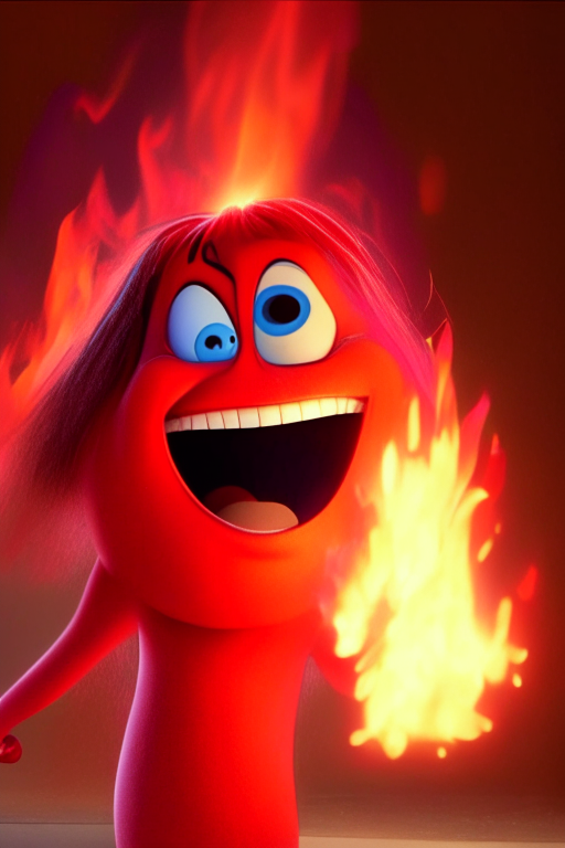 The Red character of inside out Is smiling, breathing Fire, in Pixar style 