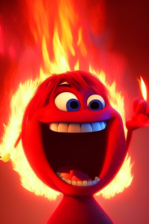 The Red character of inside out Is smiling, breathing Fire, in Pixar style, detailed 