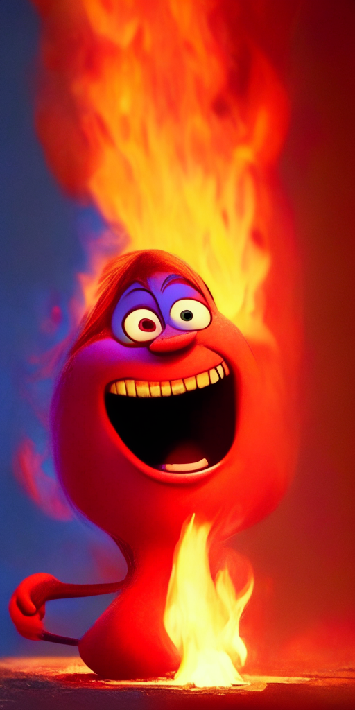 The Red character of inside out Is smiling, breathing Fire, in Pixar style, detailed