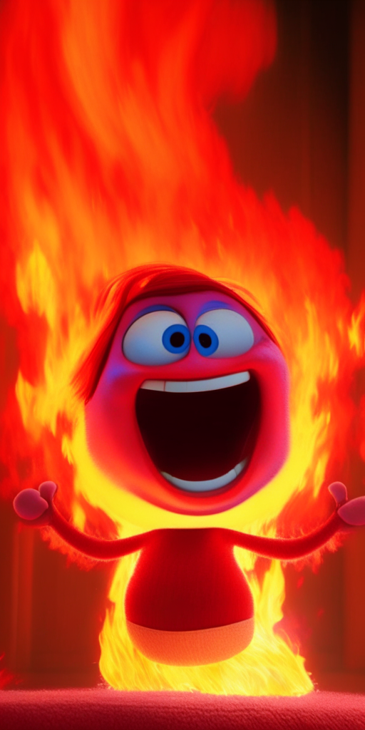 The Red character of inside out Is smiling, breathing Fire, in Pixar style, detailed