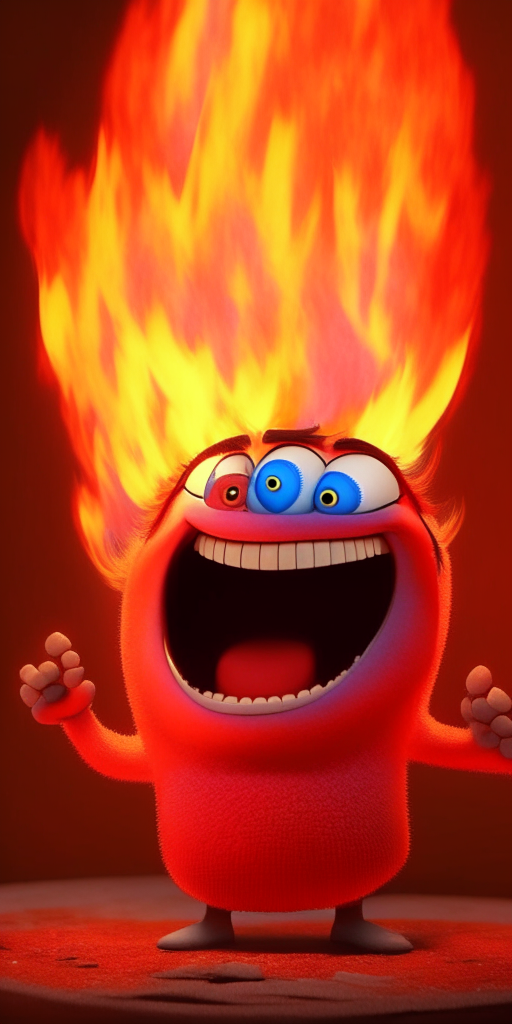 The Red character of inside out Is smiling, breathing Fire, in Pixar style, detailed