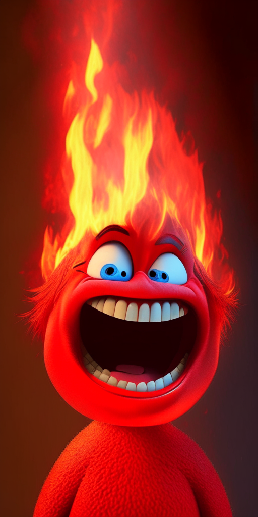 The Red character of inside out Is smiling, breathing Fire in his head, in Pixar style, detailed