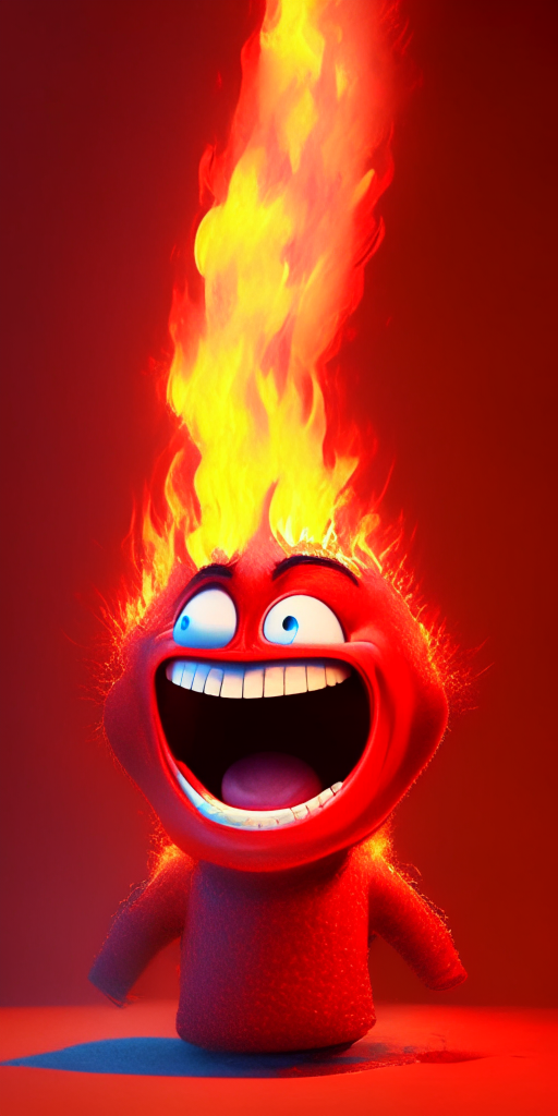 The Red character of inside out Is smiling, breathing Fire in his head, in Pixar style, detailed