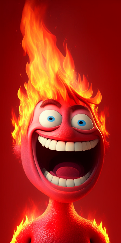 The Red character of inside out Is smiling, breathing Fire in his head, in Pixar style, detailed