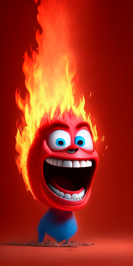 The Red character of inside out Is smiling, breathing Fire in his head, in Pixar style, detailed