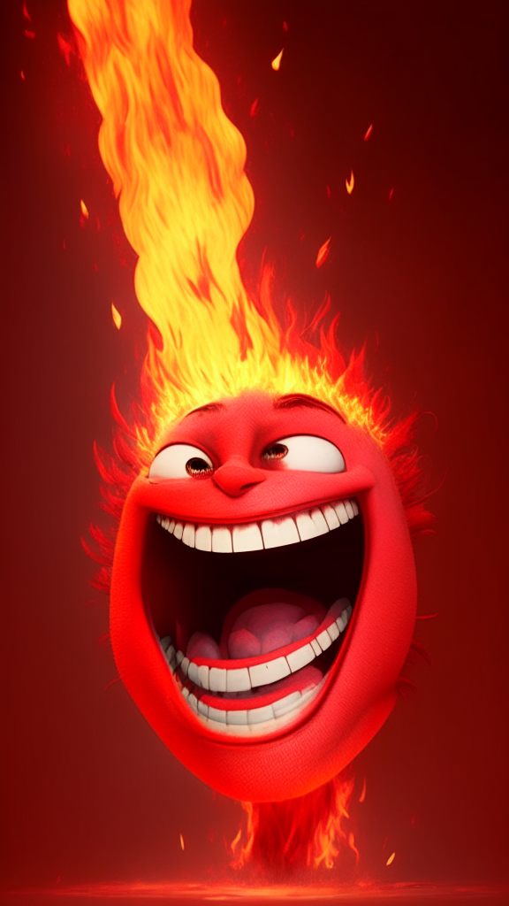 The Red character of inside out Is smiling, breathing Fire in his head, in Pixar style, detailed