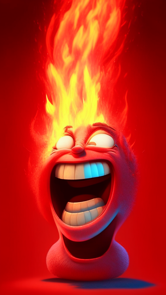 The Red character of inside out Is smiling, breathing Fire in his head, in Pixar style, detailed