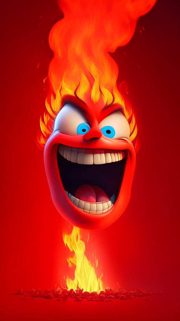 The Red character of inside out Is smiling, breathing Fire in his head, in Pixar style, detailed