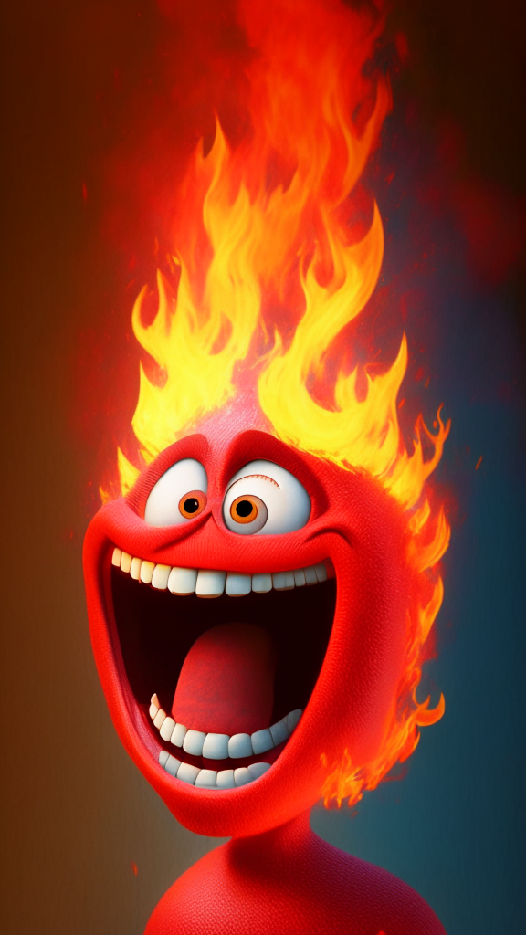 The Red character of inside out Is smiling, breathing Fire in his head, in Pixar style, detailed