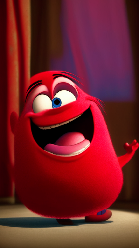 The Red character of inside out Is smiling, in Pixar style