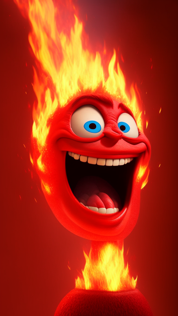 The Red character of inside out Is smiling, breathing Fire in his head, in Pixar style, detailed