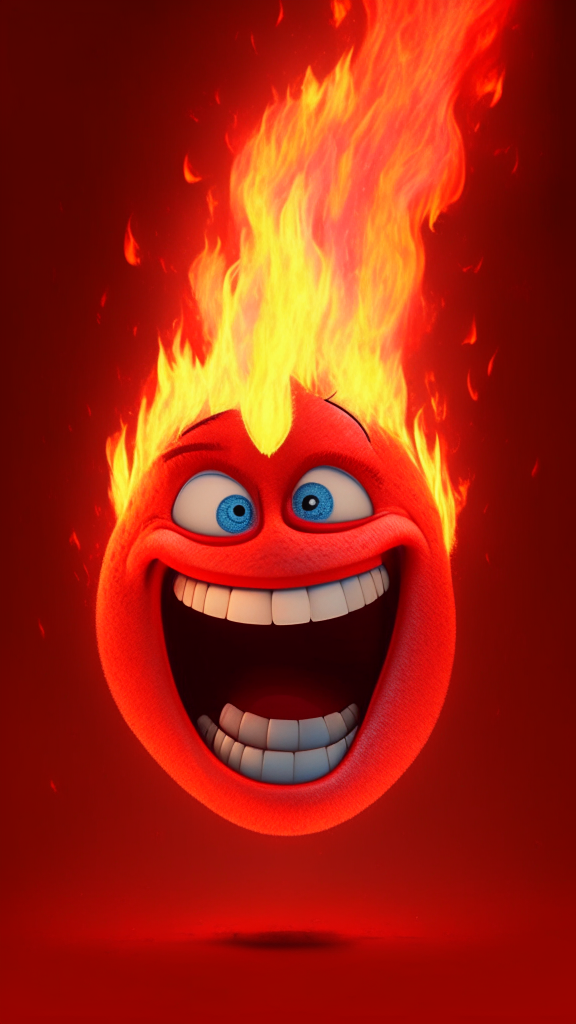 The Red character of inside out Is smiling, breathing Fire in his head, in Pixar style, detailed