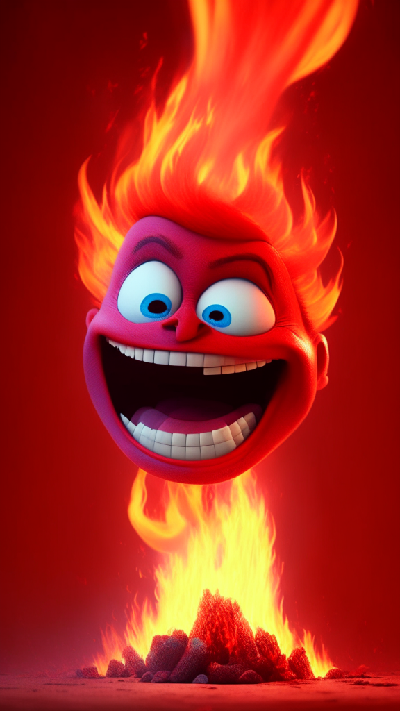 The Red character of inside out Is smiling, breathing Fire in his head, in Pixar style, detailed