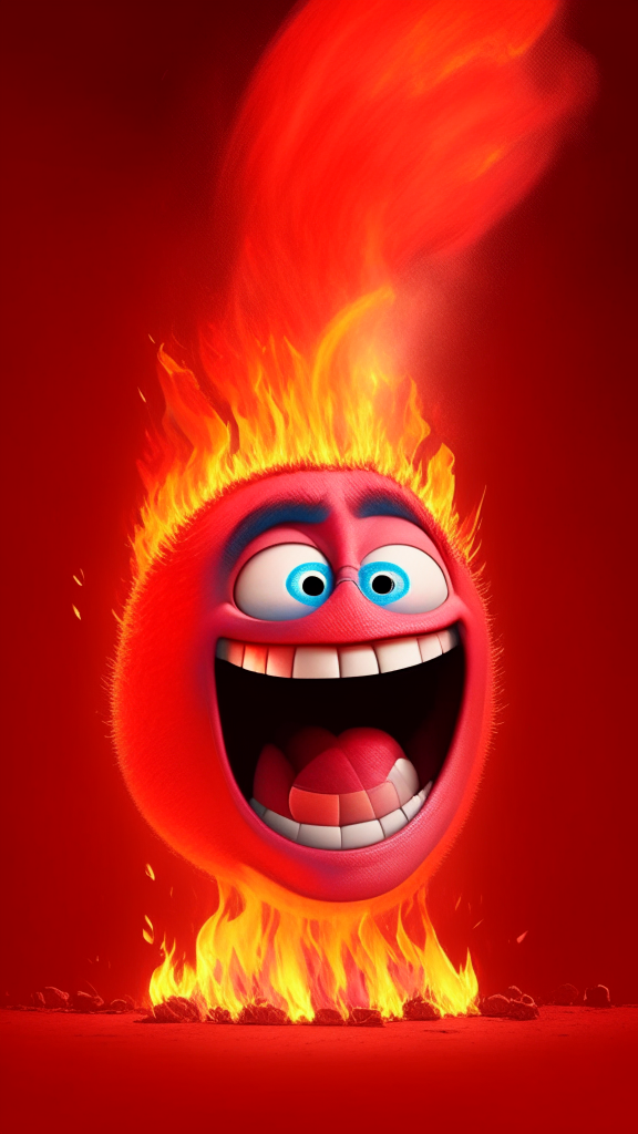 The Red character of inside out Is smiling, breathing Fire in his head, in Pixar style, detailed