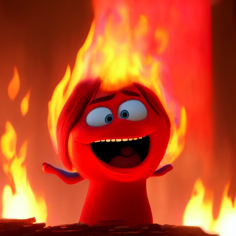 The Red character of inside out Is smiling, breathing Fire, in Pixar style, detailed
