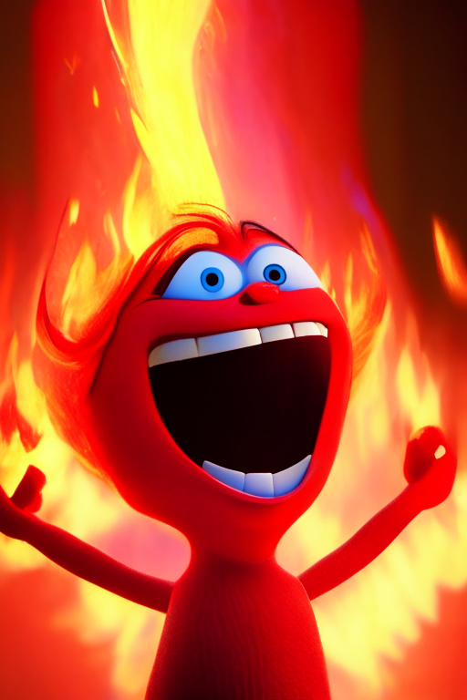 The Red character of inside out Is smiling, breathing Fire, in Pixar style, detailed