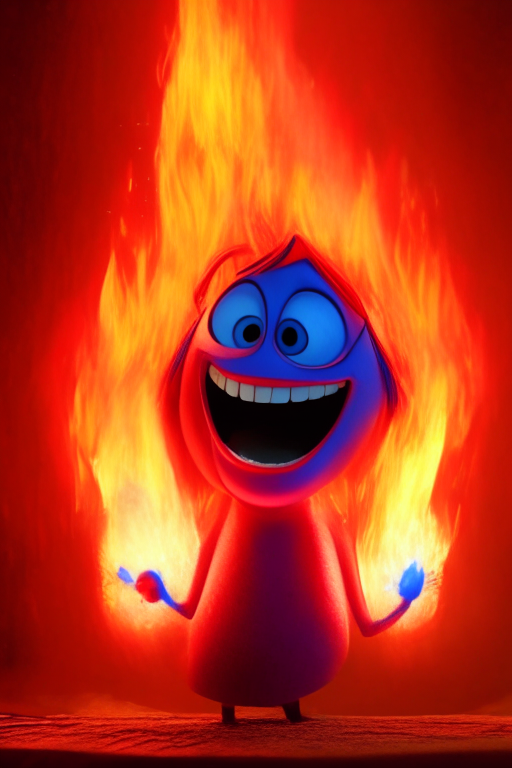 The Red character of inside out Is smiling, breathing Fire, in Pixar style, detailed