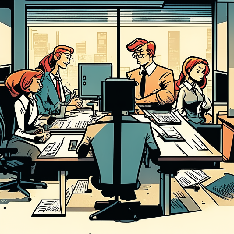 an office team of coworkers working together at a desk in a comic style office