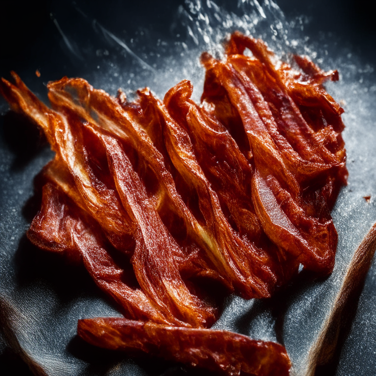 Crispy Air Fryer Bacon Strips, razor-sharp focus, bright studio lighting, filling frame