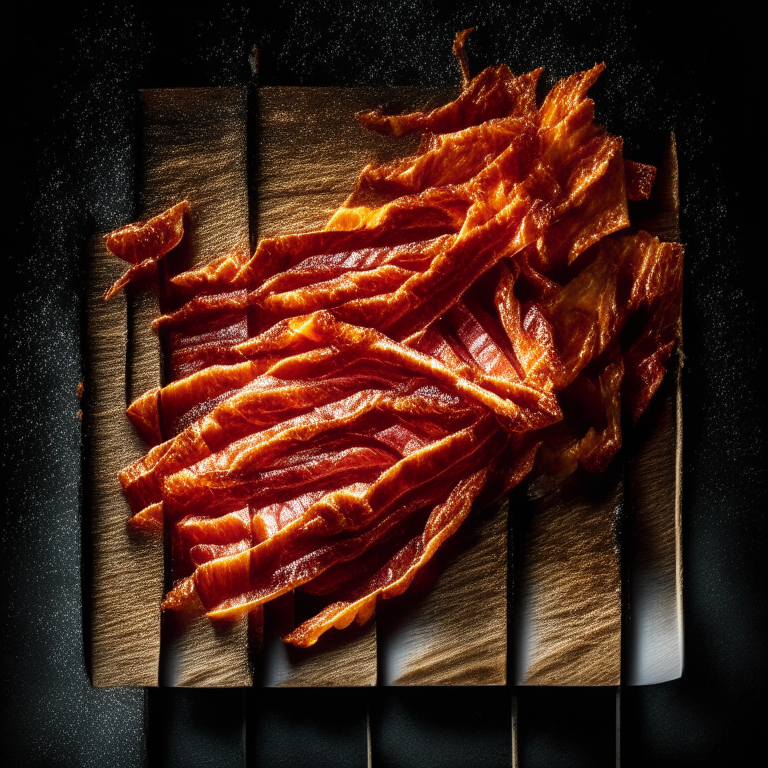 Crispy Air Fryer Bacon Strips, razor-sharp focus, bright studio lighting, filling frame