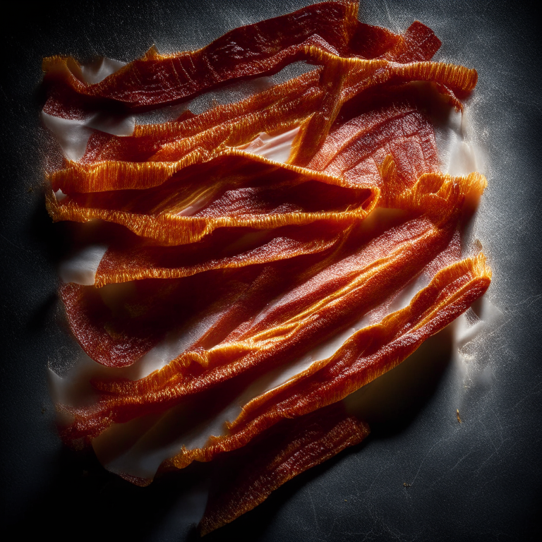 Crispy Air Fryer Bacon Strips, razor-sharp focus, bright studio lighting, filling frame