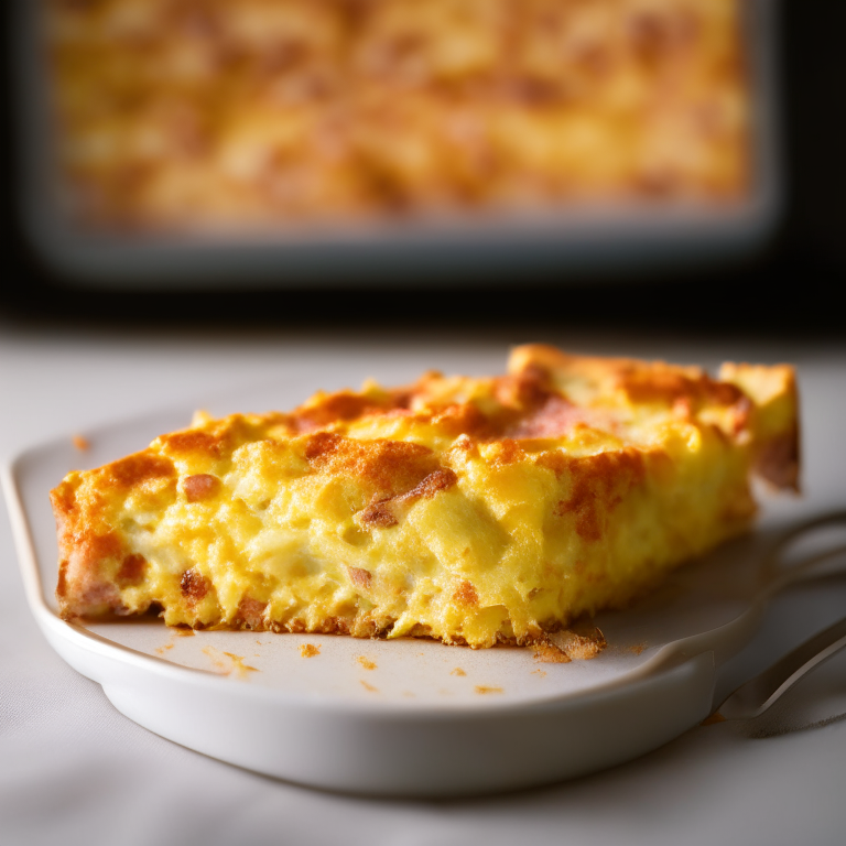 Baked Ham and Cheese Breakfast Casserole, filling frame, razor-sharp focus, bright studio lighting