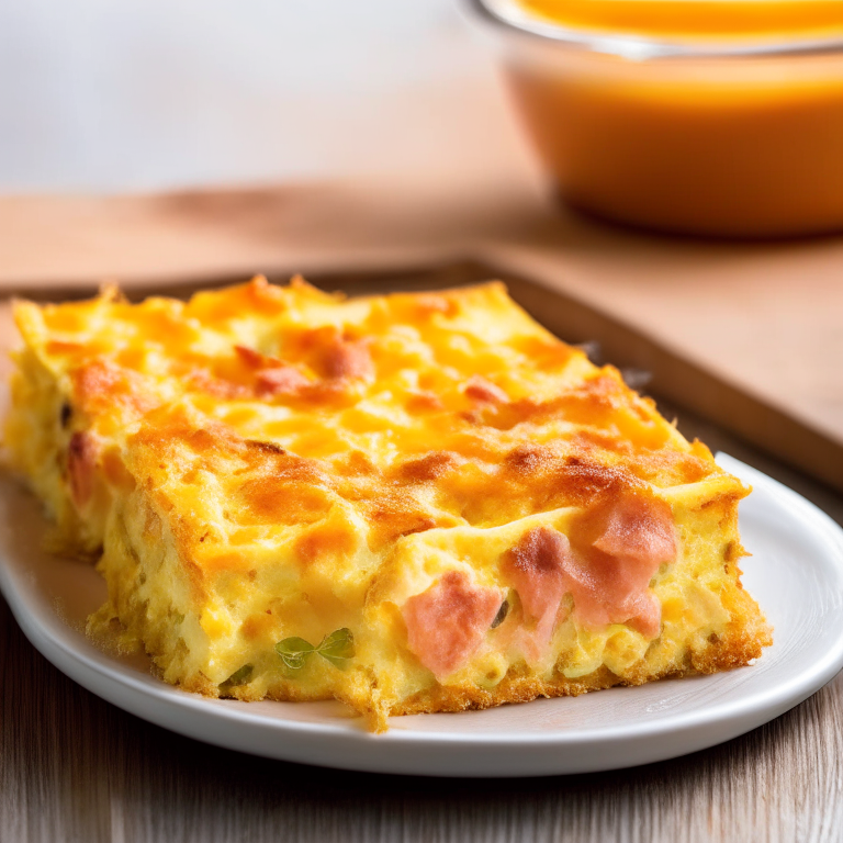 Baked Ham and Cheese Breakfast Casserole, filling frame, razor-sharp focus, bright studio lighting