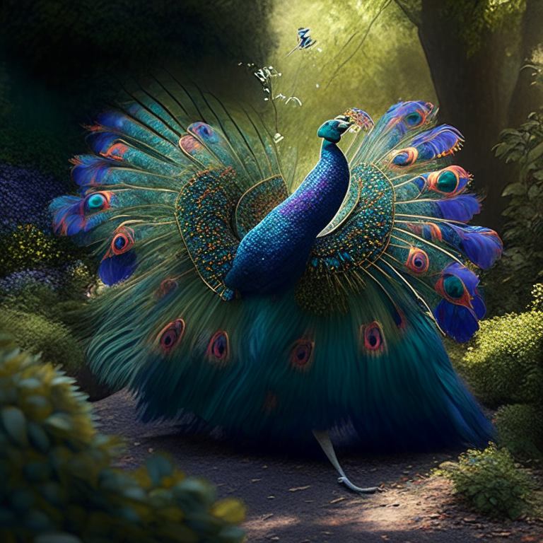 Peacock is dancing in the garden