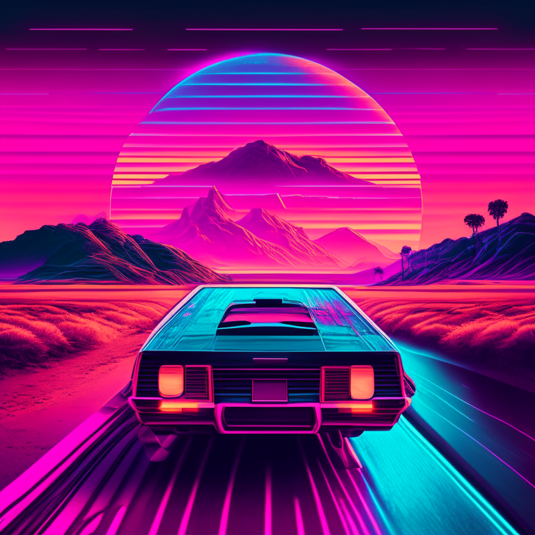 70s car driving down a digital landscape, retrowave, synthwave, 8k”