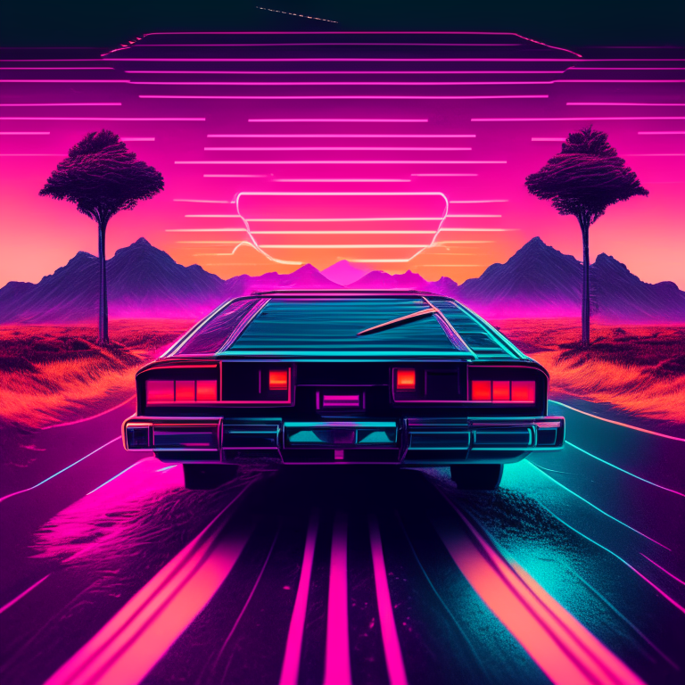 70s car driving down a digital landscape, retrowave, synthwave, 8k”