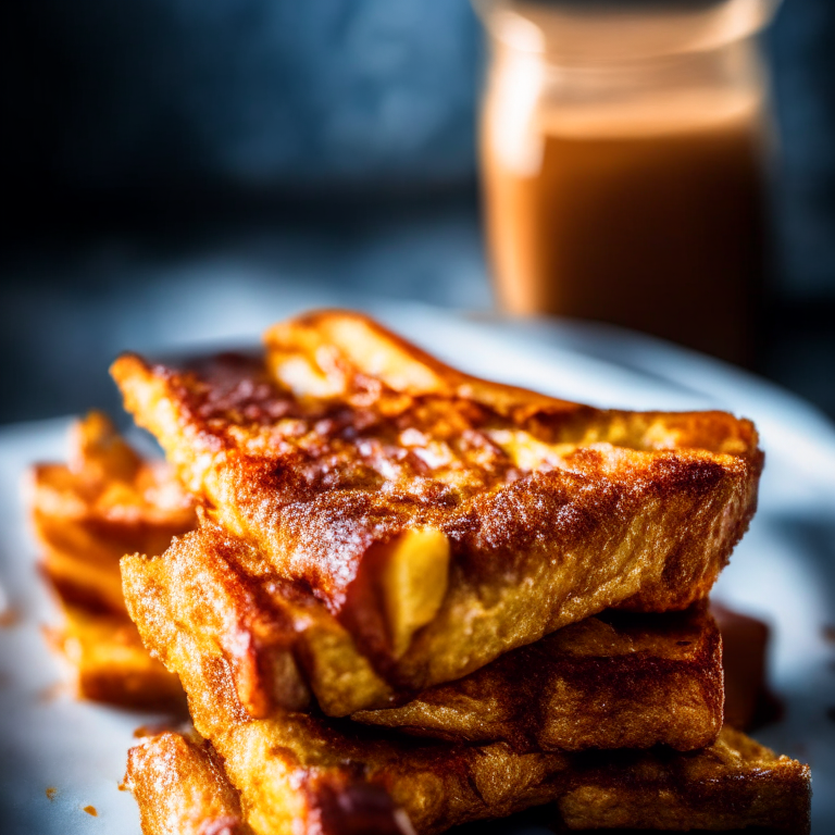 Air Fryer French Toast Sticks with Maple-Glazed Bacon, filling frame, razor-sharp focus, bright natural lighting, every part of the food in perfect focus