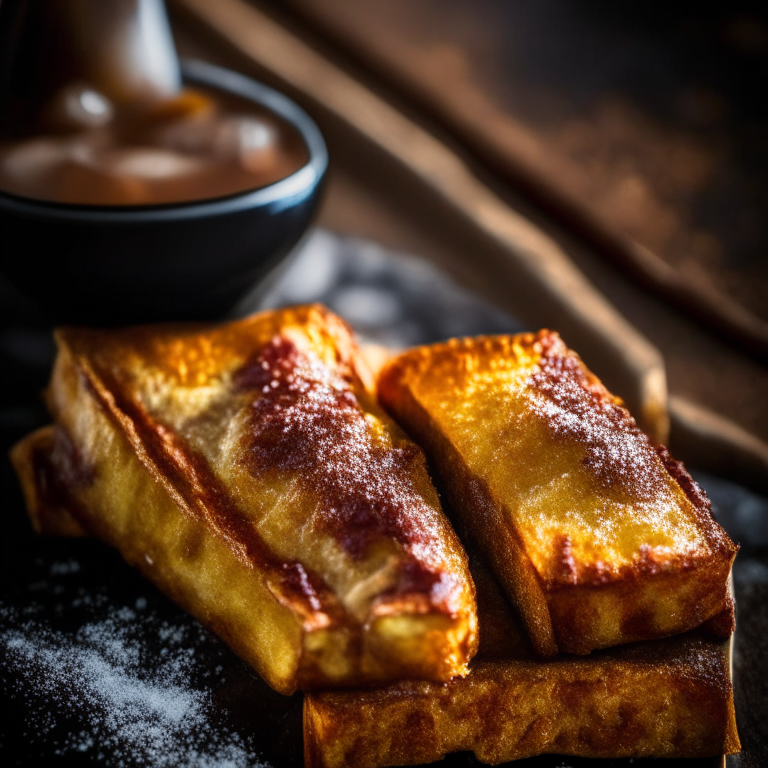 Air Fryer French Toast Sticks with Maple-Glazed Bacon, filling frame, razor-sharp focus, bright natural lighting, every part of the food in perfect focus