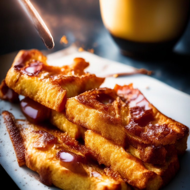 Air Fryer French Toast Sticks with Maple-Glazed Bacon, filling frame, razor-sharp focus, bright natural lighting, every part of the food in perfect focus