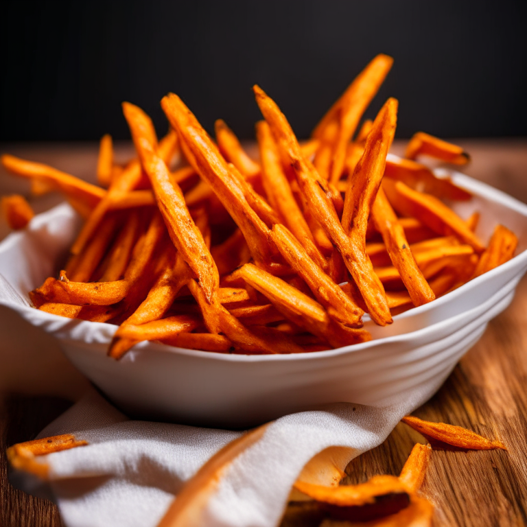 A plate of Air Fryer Sweet Potato Fries, filling the frame, razor-sharp focus, bright clear studio lighting, every part of the fries in perfect focus