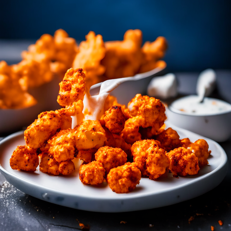 A plate of Air Fryer Buffalo Cauliflower Bites and Oven-Baked Cheese Sticks, filling the frame, razor-sharp focus on every bite and stick, bright clear studio lighting, every part in perfect focus