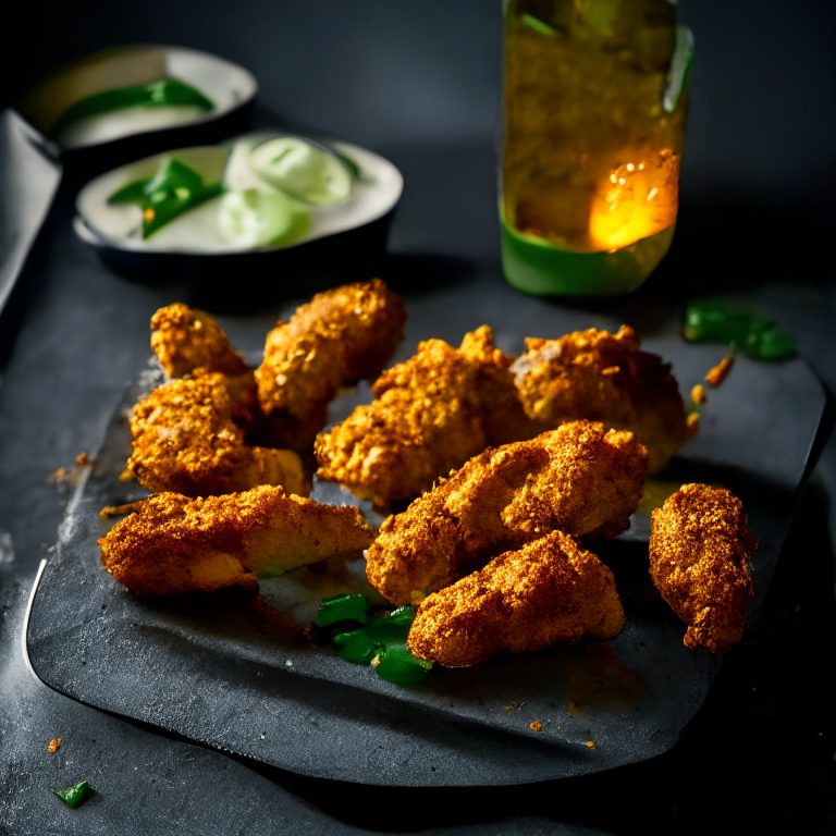 A plate of Air Fryer Chicken Tenders and Oven-Baked Jalapeno Poppers, filling the frame, razor-sharp focus on every piece, bright clear studio lighting, every part in perfect focus