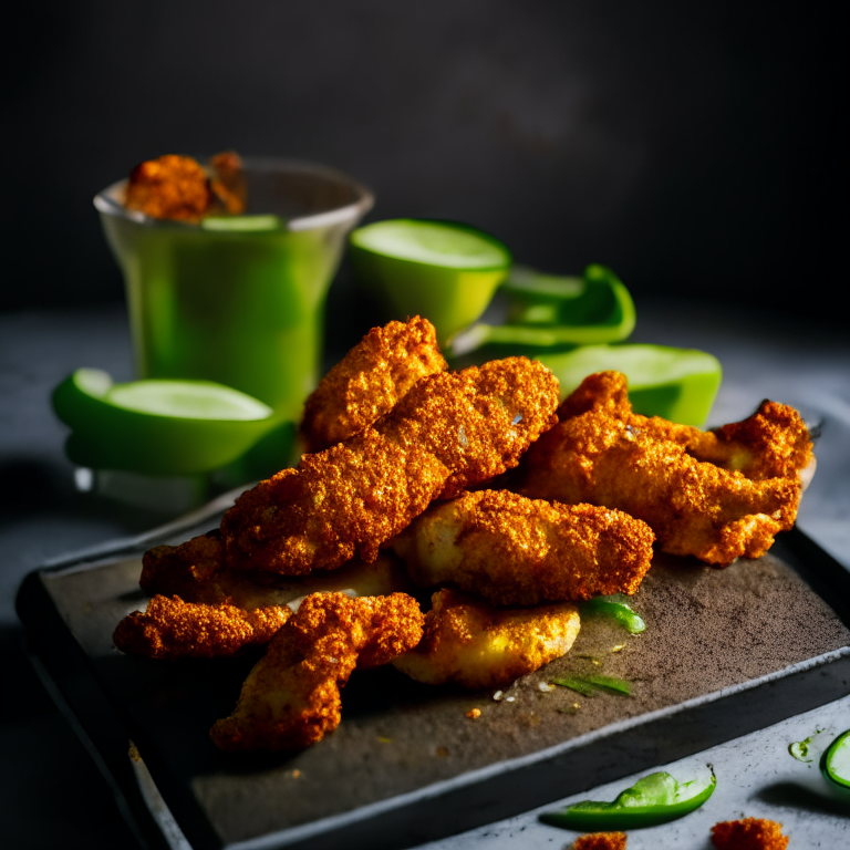 A plate of Air Fryer Chicken Tenders and Oven-Baked Jalapeno Poppers, filling the frame, razor-sharp focus on every piece, bright clear studio lighting, every part in perfect focus