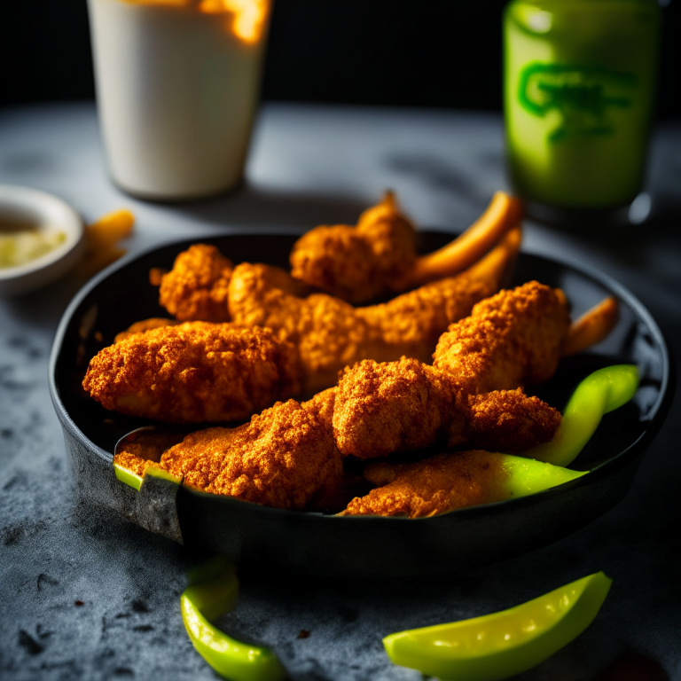 A plate of Air Fryer Chicken Tenders and Oven-Baked Jalapeno Poppers, filling the frame, razor-sharp focus on every piece, bright clear studio lighting, every part in perfect focus