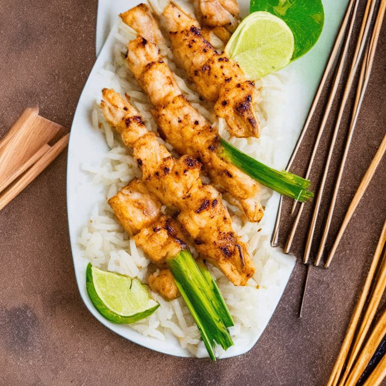 Air Fryer Chicken Satay Skewers with Oven-Baked Coconut Rice filling the frame