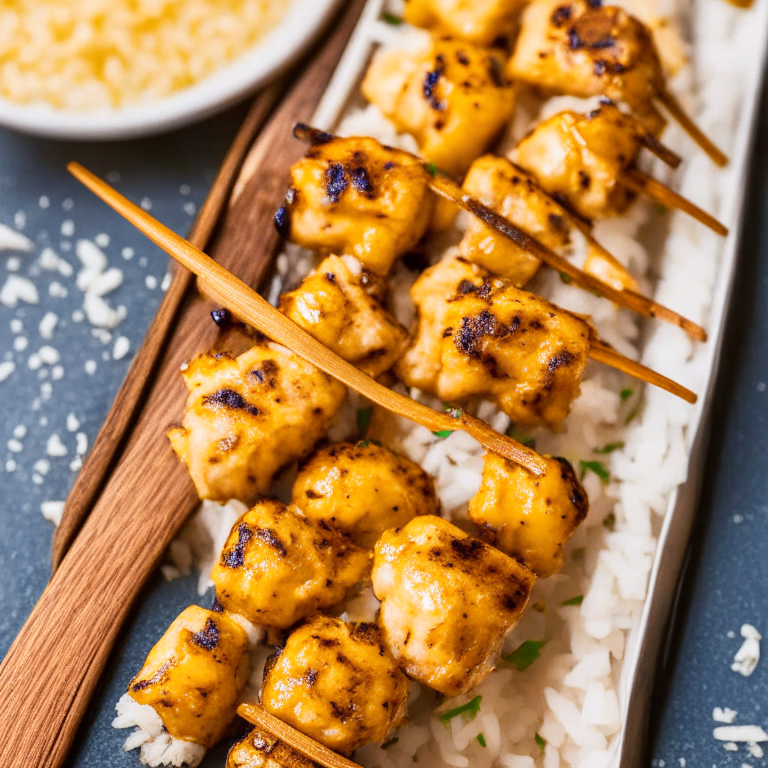 Air Fryer Chicken Satay Skewers with Oven-Baked Coconut Rice filling the frame bright, clear studio lighting razor-sharp focus on every piece of chicken and rice