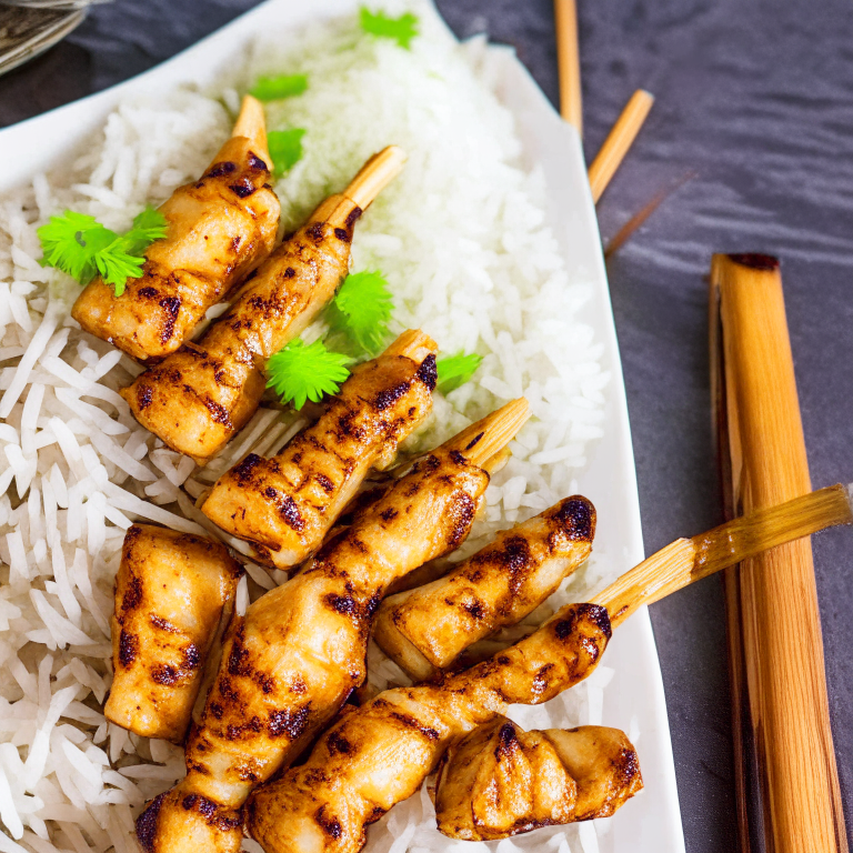 Air Fryer Chicken Satay Skewers with Oven-Baked Coconut Rice filling the frame