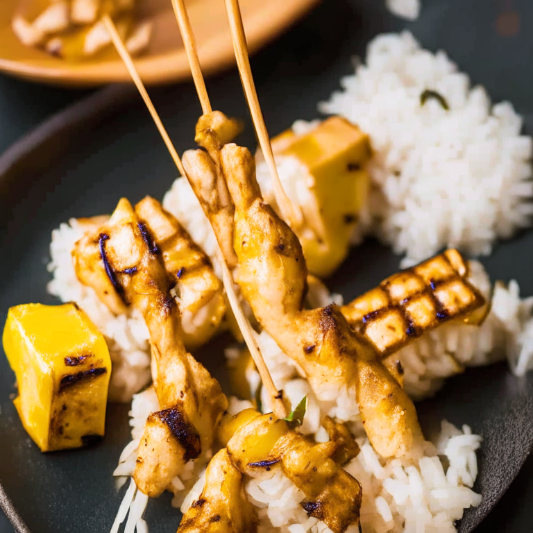 Air Fryer Chicken Satay Skewers with Oven-Baked Coconut Rice filling the frame bright, clear studio lighting razor-sharp focus on every piece of chicken and rice