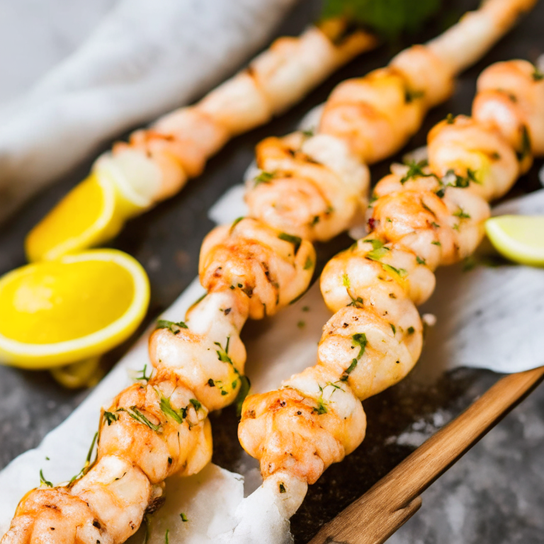 Cajun Shrimp Skewers with Lemon Garlic Aioli filling the frame bright, clear studio lighting razor-sharp focus on every shrimp and sauce