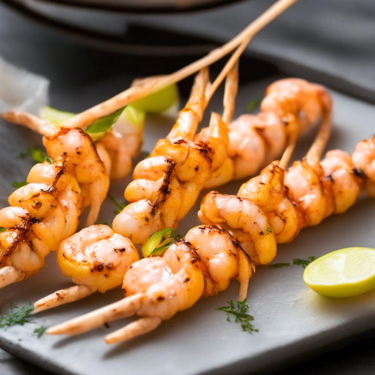 Cajun Shrimp Skewers with Lemon Garlic Aioli filling the frame bright, clear studio lighting razor-sharp focus on every shrimp and sauce