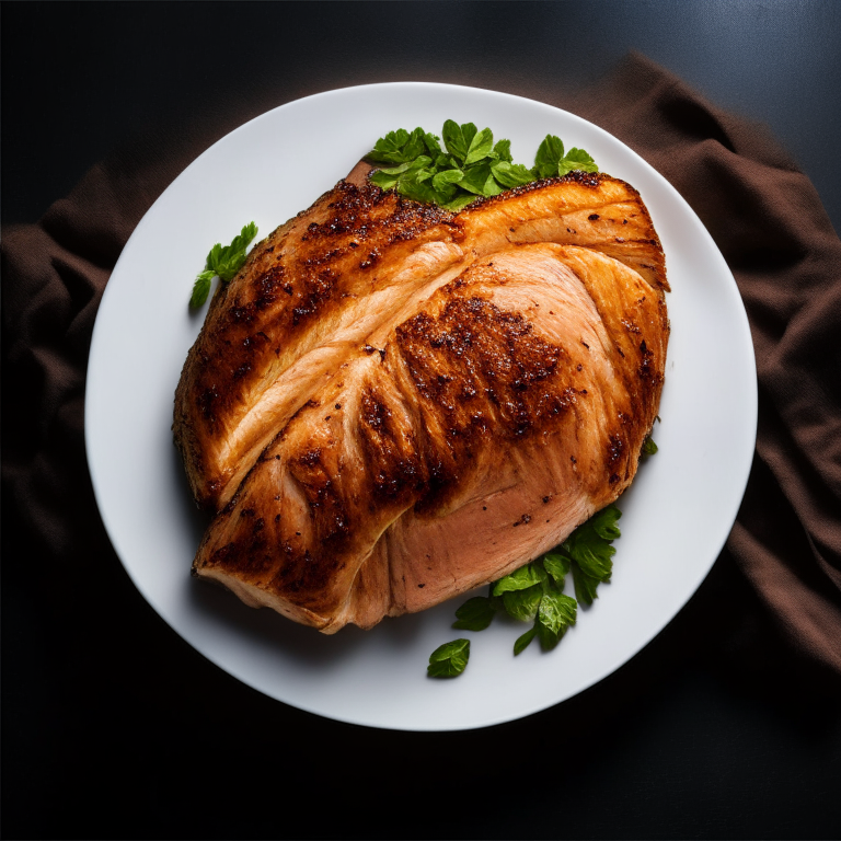 A plate-filling image of crispy air fryer turkey breast With bright, clear studio lighting