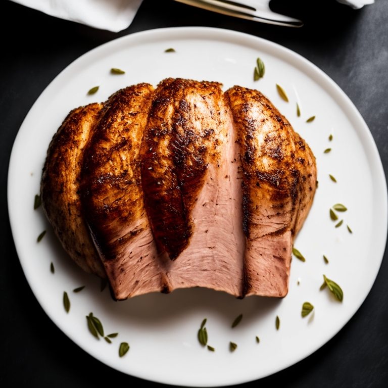 A plate-filling image of crispy air fryer turkey breast With bright, clear studio lighting And razor-sharp focus on every part of the turkey